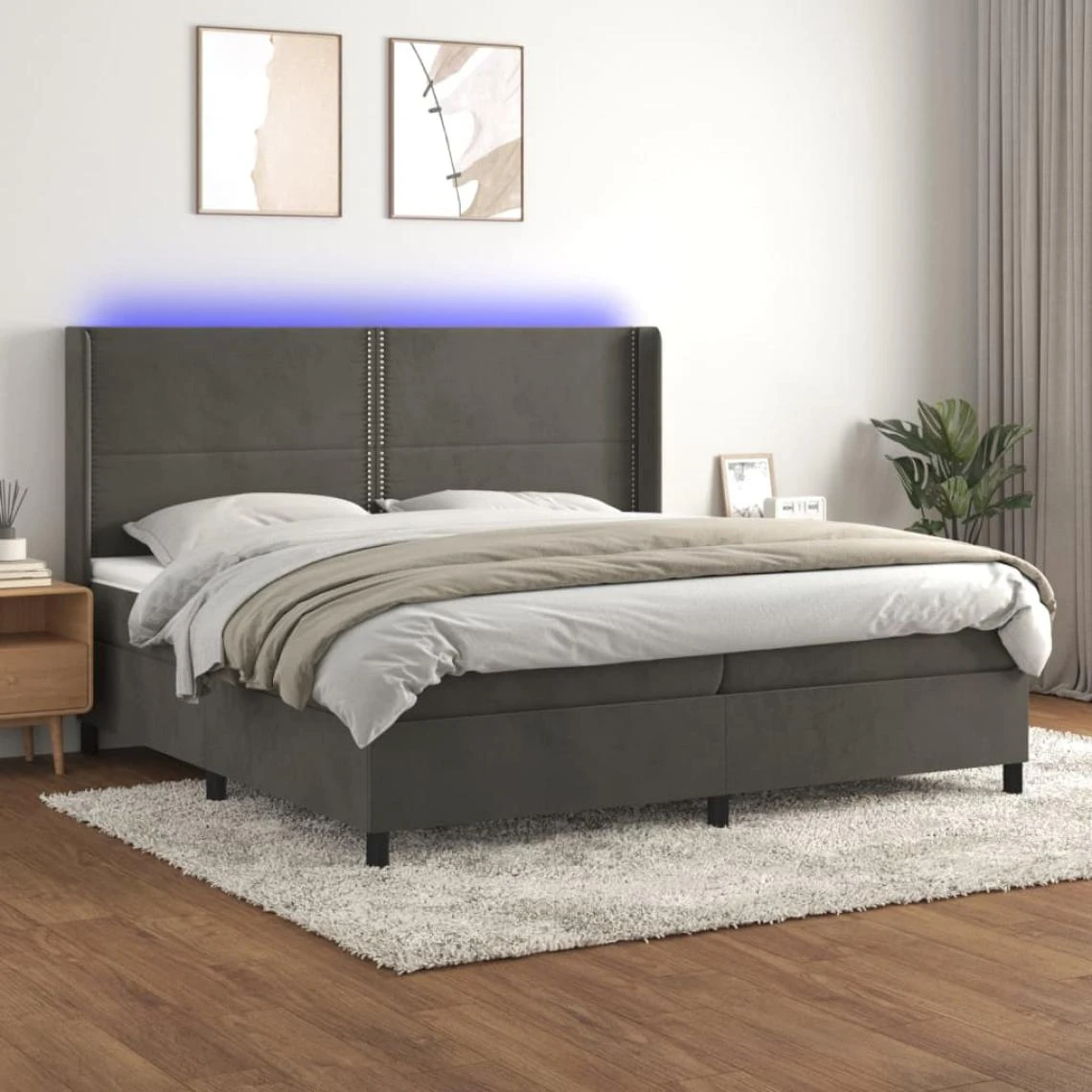 VidaXL Sommier Tapissier Matelas Et LED Gris Foncé 200x200 Cm Velours 3 VidaXL Sommier Tapissier Matelas Et LED Gris Foncé 200x200 Cm Velours
